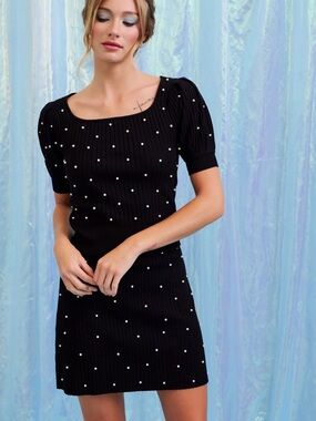 RIVIR Knit Puff Sleeve Top & Mini Skirt Set – Pearl Detail